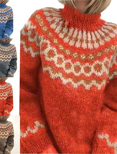  Dame Bluse bluse Trøje Strikket Trykt mønster Geometrisk Stilfuld Basale Afslappet Langærmet Regulær Sweater Cardigans Rund hals Efterår Forår Blå Grå Kakifarvet / Ferie