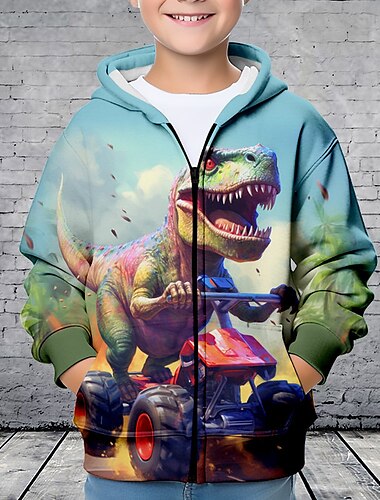  Para Meninos 3D Dinossauro Moletom Casaco Casacos Manga Longa Impressão 3D Outono Inverno Moda Roupa de rua Legal Poliéster Infantil 3-12 anos Ao ar livre Casual Diário Normal