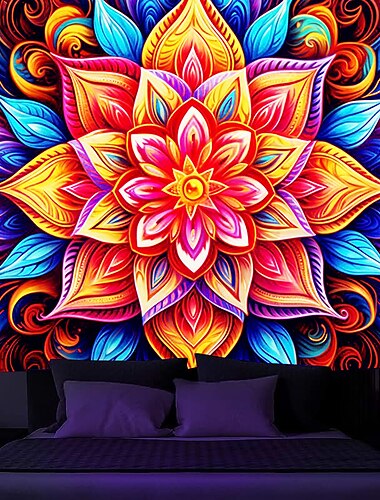  Tapisserie de méditation bohème à lumière noire réactive aux UV, phosphorescente, trippante et brumeuse, décoration murale pour salon, chambre à coucher