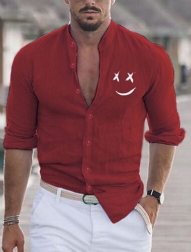  Voor heren Overhemd Strand hemd Emoji-gezicht Buiten Vakantie Zwart Wit Blozend Roze Rood Lange mouw Opstaand Lente & Herfst Kleding Afdrukken