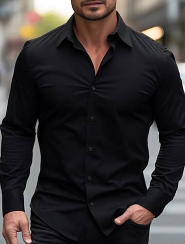  男性用 シャツ ボタンアップシャツ カジュアルシャツ ブラック 長袖 平織り ラペル ストリート バケーション ベーシック 衣類 ファッション レジャー