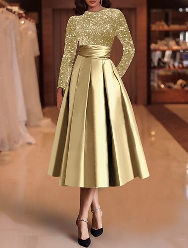  A-linje Te-lengde Cocktailkjoler Festkjoler Elegant Glitrende Langermet Besmykket Jul Bryllupsgjest Sateng med Plissert Paljett 2025