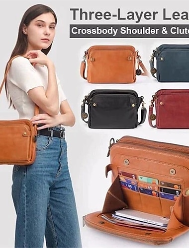  Borsa a tracolla e pochette vintage da donna in pelle a tre strati – design multi-scomparto per uso casual, lavorativo e di viaggio