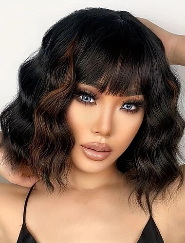  Pelucas bob onduladas cortas de 10 pulgadas con flequillo para mujeres pelucas rizadas bob onduladas cortas marrones mezcladas negras pelucas sintéticas de fibra resistente al calor de aspecto natural