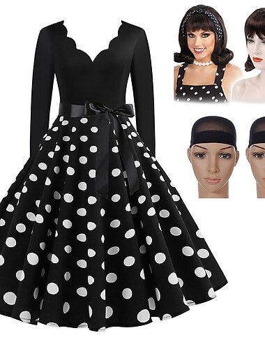  Set mit gepunktetem Vintage-Kleid, Beehive-Lockenperücke, 2 Perückenkappen, 4-tlg. 50er-Jahre-Retro-Vintage-Teekleid, A-Linien-Kleid, Rockabilly-Schlagkleid, Damenkostüm, Weihnachten, Homecoming