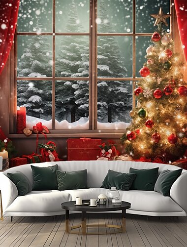  クリスマスの飾り クリスマスツリー 吊り下げタペストリー 冬 窓の景色 壁アート クリスマス 大きなタペストリー 壁画 装飾 写真 背景 ブランケット カーテン 家 寝室 リビングルーム 装飾