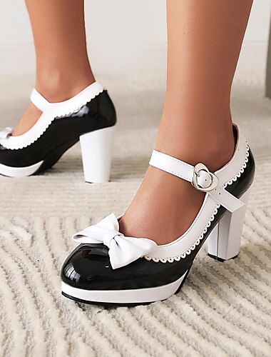  Vintage lolita Mary Jane-hakken voor dames met strik en hartvormige gesp – retro platformpumps voor cosplay en feestjes