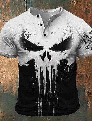  Voor heren Grafisch Doodskoppen Viking T-shirt Henley-shirt Korte mouw 3D-afdrukken Modieus Retro vintage Klassiek Buitensporten Feestdagen Uitgaan Lente zomer Wit Rood blauw Bruin Groen Henley
