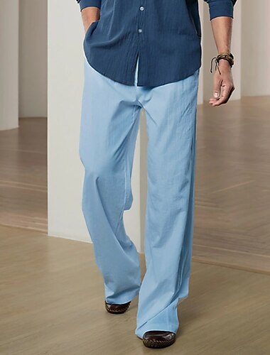  10 % Leinen Herren Leinenhose Hose Hosen Sommerhosen Strandhose Kordelzug Elastische Taille Falten Glatt Komfort Atmungsaktiv Casual Täglich Festtage Modisch Klassicher Stil Schwarz Weiß