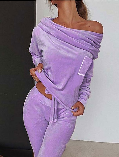  Conjuntos de ropa interior para mujer invierno 2 piezas color puro confort felpa hogar calle poliéster un hombro manga larga pantalón cintura elástica invierno otoño púrpura rosa