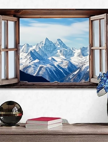  لوحة فنية جدارية من القماش على شكل نافذة مزيفة لجبال الثلج وملصقات وصور مناظر طبيعية لوحة قماشية مزخرفة لصور غرفة المعيشة بدون إطار