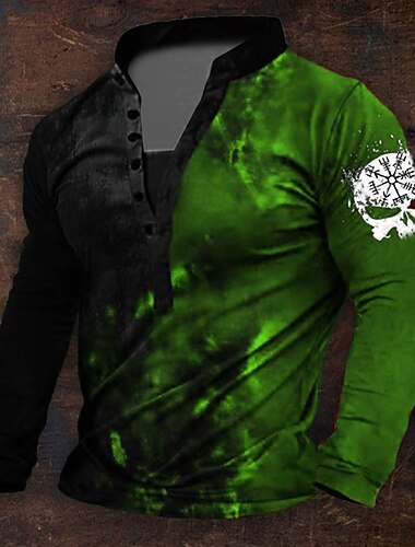  Camisa Henley Gráfica Viking Masculina Halloween de Manga Longa Impressão 3D Diário Retro Vintage Casual Férias Saindo Festival Primavera e Outono Azul Vermelho Roxo Verde Henley Camiseta Henley