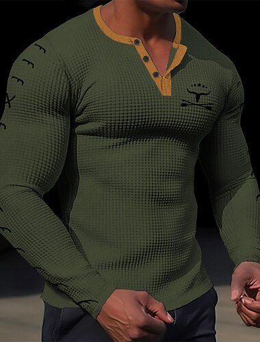  Herren Graphic Cowboy Henley Shirt Waffel-T-Shirt Langarm 3D-Druck Designer Retro Vintage Brautkleider schlicht Sports Outdoor Festtage Festival Frühling & Herbst Schwarz Weiß Braun Armeegrün Henley