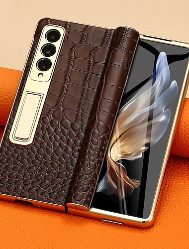  Phone Case For Samsung Galaxy Z Fold 5 Z Fold 4 Z Fold 3 Back Cover Camera Lens Protector Kickstand Shockproof Retro Genuine Leather