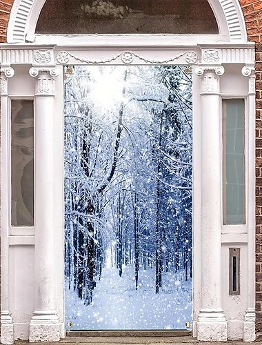  Forêt enneigée hiver couvre-portes tapisserie de porte rideau de porte décoration toile de fond bannière de porte pour porte d'entrée ferme fournitures de décoration de fête de vacances