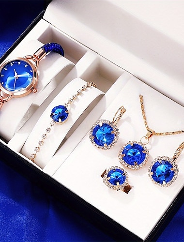  6 Stück/Set Damen-Armbanduhr, elegante Strass-Quarzuhr, Vintage-Analog-Armbanduhr & Schmuckset als Geschenk für Mama