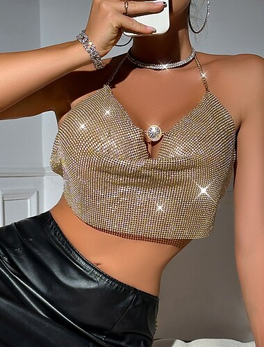  Metallisch Rückenfrei Glitzern Trägertop Körperkette Bauchfreies Tanktop Disco Tiefer V-Ausschnitt Damen Party Club Erwachsene Tanktop