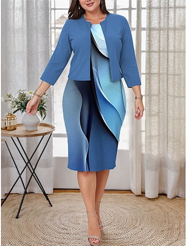  Mujer Talla Grande Curva Vestido informal Conjunto de vestido Vestido de dos piezas Geométrico Vestido Midi Manga Larga Estampado Cuello Barco Moda Exterior Azul Piscina Morado Otoño Invierno L XL