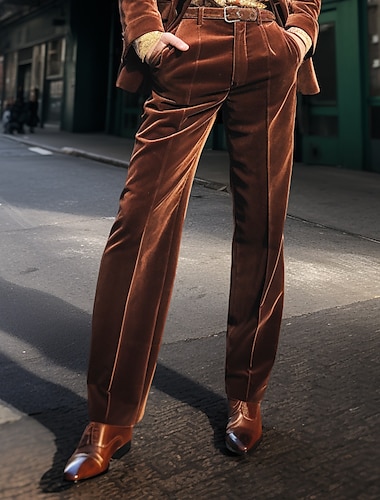  男性用 スーツ ズボン スーツパンツ ベルベットパンツ フロントポケット まっすぐな足 平織り 履き心地よい ビジネス 日常 祝日 ファッション シック・モダン ブラック ブラウン