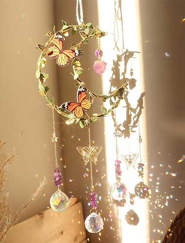  1 Stück Amethyst Stern Mond Liebe Kristall Sonnenfänger Blatt & Schmetterlings-Kristall-Prisma-Sonnenfänger zum Aufhängen als Fenster-Wohndekoration