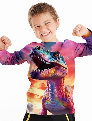  Para Meninos 3D Dinossauro Camiseta Camisas Manga Longa Impressão 3D Outono Inverno Esportes Moda Roupa de rua Infantil 3-12 anos Gola Redonda Ao ar livre Casual Diário Normal