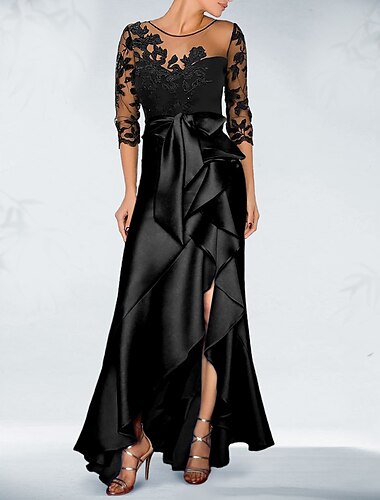  A-Linie Cocktailkleider Schwarzes Kleid Kleid Hochzeitsgast Herbst Asymmetrisch 3/4 Länge Ärmel Juwel-Ausschnitt Satin mit Schleife(n) Perlenapplikationen Derby Kleider 2025