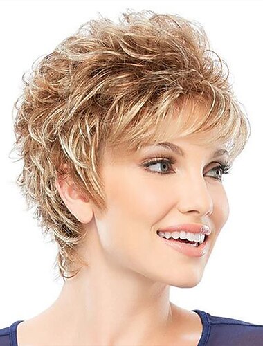  parrucche corte bionde miste con taglio pixie per donne bianche parrucca sintetica con frangia per capelli sintetici a strati ondulati biondi misti castano ramato shaggy