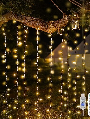  300 LED 9.8x9.8Ft Fernbedienung Vorhanglichter USB Plug in Feenvorhanglichter Außen Fenster Wandhängende Vorhanglichter für Schlafzimmer Hintergrund Hochzeit Party Innen Dekor warmweiß