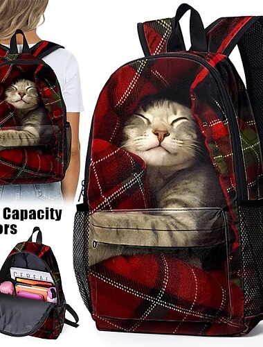  Γυναικεία σακκίδιο Σχολική τσάντα 3D σακκίδιο Σχολείο Χριστούγεννα Καθημερινά Γάτα Πολυεστέρας Μεγάλη χωρητικότητα Ελαφρύ Ανθεκτικό Φερμουάρ Εμπριμέ Κοκκινωπό Μαύρο Ανθισμένο Ροζ