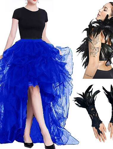 Set mit Tüll-Tutu-Rock, Feder-Umhang, Spitzenhandschuhen, 3-teilig, Damen, hohe Taille, hoch, niedrig, geschichteter Tüll, bodenlanger Rock, Federschals, Outfits, Maleficent-Kostüm, Punk, Gothic,