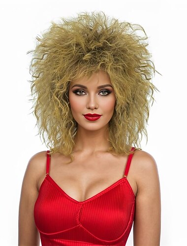  Parrucca Corto Riccio Biondo Mullet Biondo Castano con Radici Scure Parrucca Rocker Anni '70 '80 Parrucca a Due Toni Strati Costume Cosplay Parrucche per Donne Uomini Parrucche di Halloween