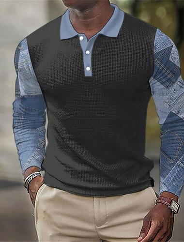  Herren Karomuster Golfshirt Langarm Polo-Shirts Hemden mit Kragen Vintage Lässig Urlaubskleidung Formelle Kleidung Festivalkleidung Knöpfe 3D-Druck Herbst Winter Schwarz Dunkelmarine Blau