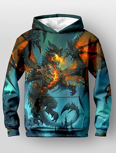  Para Meninos 3D Dragão Moletom Manga Longa Impressão 3D Outono Ativo Infantil 4-12 anos Diário Normal