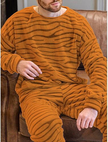  Herren Hausanzug Schlafanzüge Schlafanzug Set Pyjama-Oberteil und Hose 2 Stück Streifen Stilvoll Brautkleider schlicht Komfort Heim Täglich Flanell Komfort Rundhalsausschnitt Langarm Pullover Hose