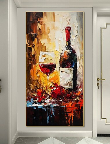  botella de vino pintura pintada a mano copa de vino arte original vino tinto decoración de la pared de la habitación del hogar arte de la cocina lienzo enrollado moderno sin marco