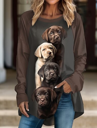  Women's T Shirt Dog Fashion Long Sleeve Round Neck Long Tops Daily Weekend Print Black Light Brown Brown Spring &  Fall