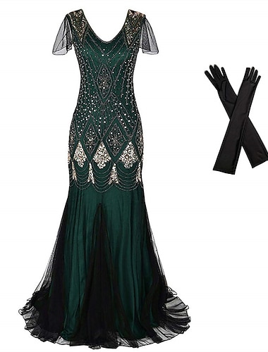  Retro / vintage Glada 20-talet 1920-talet Flapper-klänning Kläder Tillbehörssats Den store Gatsby Bröllopsgäst Paljetter Paljett V-hals Dam Halloween Karnival Maskerad Karnival Fest / afton Fest