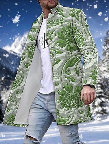  Hombre Abrigo de invierno Sobretodo Abrigo Noche Fin de semana Estampado Otoño invierno Cuello Vuelto Manga Larga Azul Piscina Verde Trébol Color Caquí