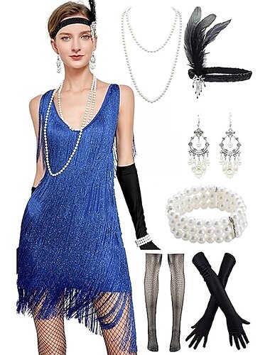  Retro Vintage Roaring 20s 1920s Flapper Dress Outfits Accessories Set The Great Gatsby Wedding Guest Sequins Tassel Fringe Sequin Tassel V Neck Women's Halloween Carnival Masquerade Carnival Party