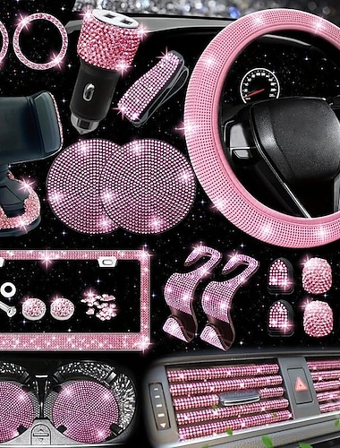  Set di accessori per auto bling per donna, sottobicchiere per scatola di fazzoletti con spalline, coprivolante per auto con strass da 27 pezzi