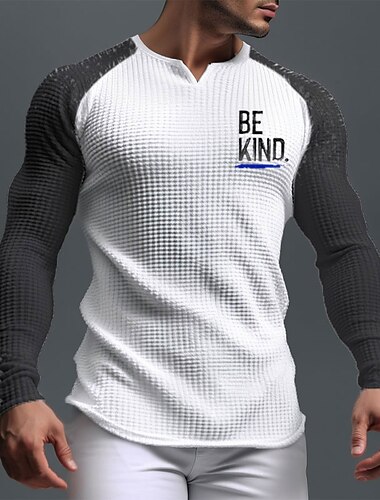  Camiseta de manga larga Henley para hombres con gráfico "SE AMABLE." Diseño de raglán de punto gofre para un estilo de vida positivo