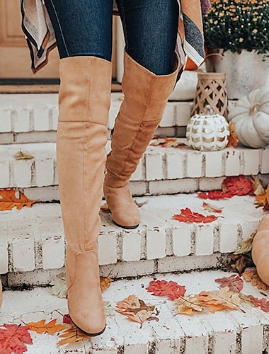  bottes au-dessus du genou en faux suède kaki pour femmes avec talon bloc – élégantes et confortables pour la mode d'automne et d'hiver