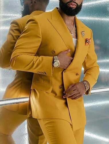  חליפות נשף צהובות לגברים חליפות חתונה בצבע אחיד 2 חלקים יומית עסקית פלוס מידה כפולה חזה שישה כפתורים 2024