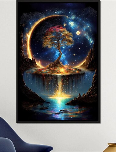  Lienzo artístico de pared con paisaje, impresiones y carteles de árbol de la vida y Luna, imágenes de paisajes, pintura decorativa de tela para sala de estar, imágenes sin marco