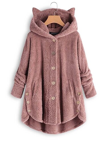  Dámské Nadměrné velikosti Pevná barva Teplé Teddy Fuzzy Dlouhý rukáv Mikina Dlouhé topy ulice Ležérní Knoflíky Kapsy Černá Žlutá Světlá růžová Fialová Kávová Podzim zima