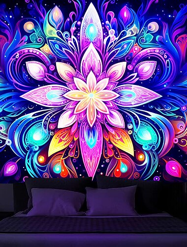  Tapisserie à lumière noire réactive aux UV qui brille dans le noir, décoration murale suspendue au néon, mandala, bohème, trippante et brumeuse, pour salon, chambre à coucher