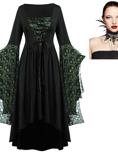  zestaw z bat sukienka kołnierz z piór koronkowy naszyjnik 2 szt. stroje retro vintage punk gothic steampunk średniowieczna sukienka maleficent czarownice damskie przebranie na karnawał halloween