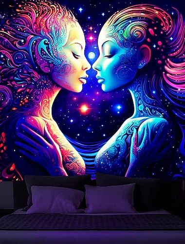  Schwarzlicht-Wandteppich, UV-reaktiv, leuchtet im Dunkeln, Glow Party, Neon, Trippy Misty Duel Women, Wandteppich zum Aufhängen, Wandbild für Wohnzimmer, Schlafzimmer