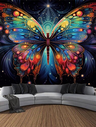  Schwarzlicht-Wandteppich, UV-reaktiv, leuchtet im Dunkeln, Glow Party, Neon, trippiger, nebliger Schmetterling, Wandteppich, Wandbild für Wohnzimmer, Schlafzimmer