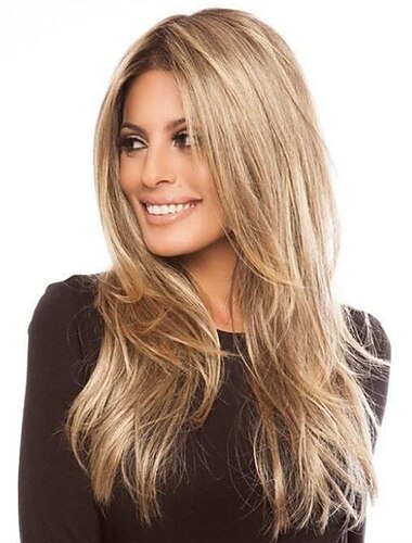  פאות בלונדיניות ארוכות לנשים לבנות שכבות ישרות תות שדה פאות בלונדיניות עם שורשים כהים שיער סינטטי 25 אינץ' פאת קוספליי יומית ליל כל הקדושים